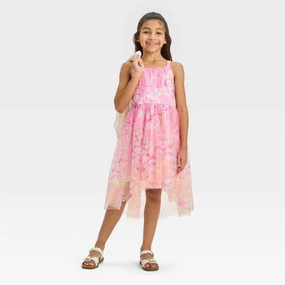 New - Zenzi Girls' Sleeveless Floral Hi-Low Dress - Pink XL