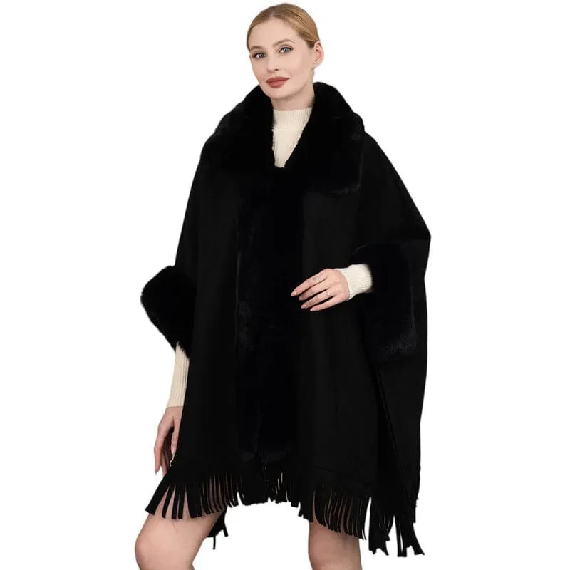 P6116 Clara Faux Fur Trim Poncho With Fringe