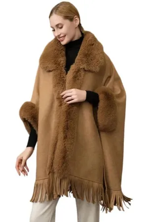 P6116 Clara Faux Fur Trim Poncho With Fringe