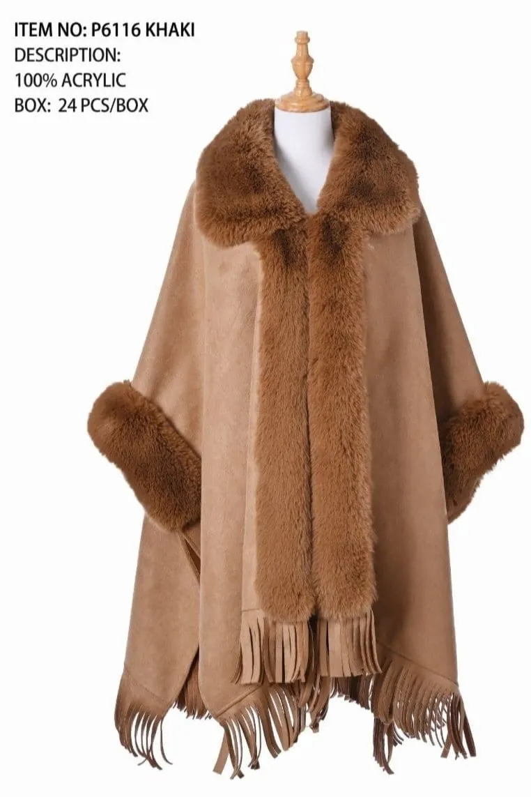 P6116 Clara Faux Fur Trim Poncho With Fringe