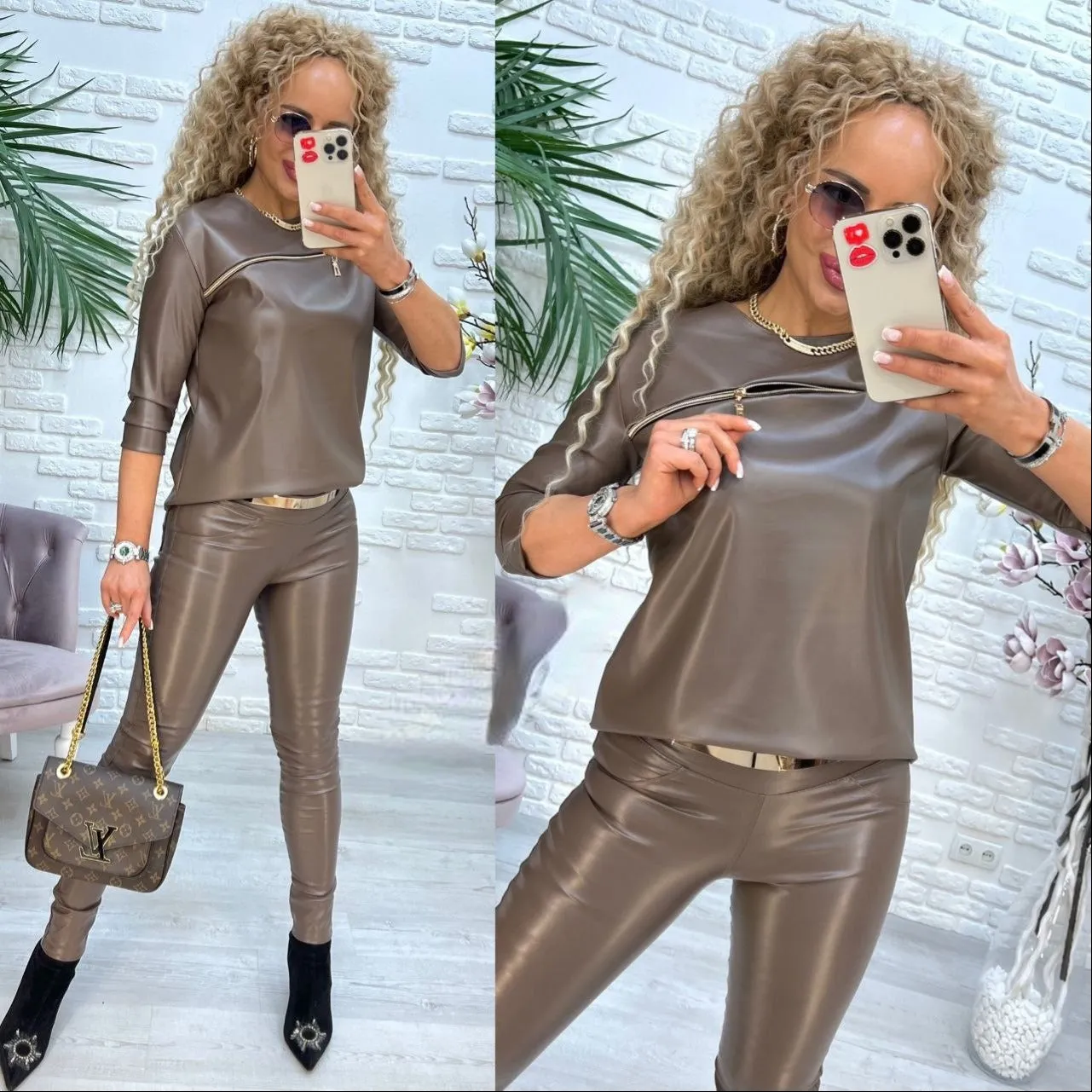 Pant Suit Brown Eco Leather Stylish Fashion Women Clothes