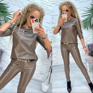 Pant Suit Brown Eco Leather Stylish Fashion Women Clothes