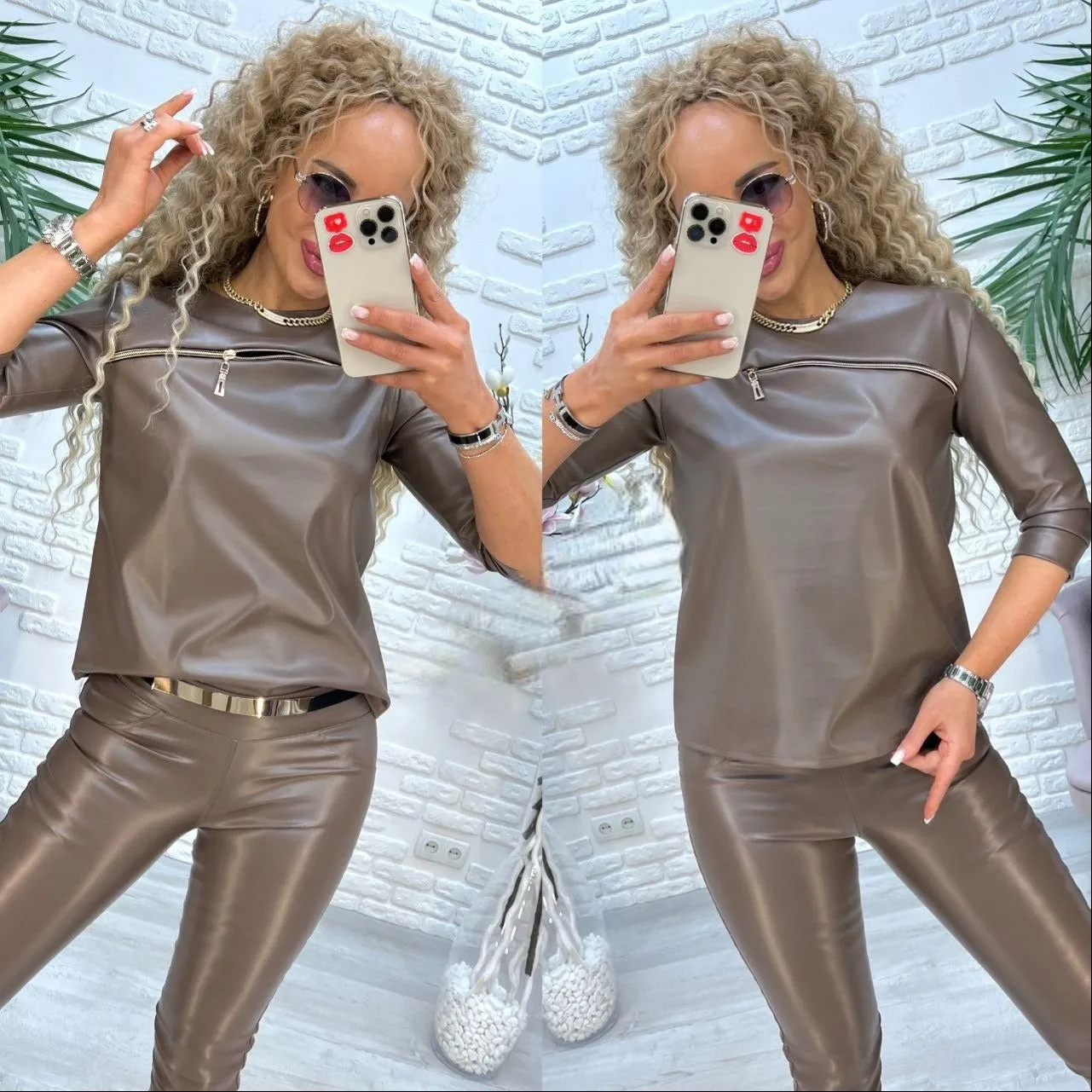 Pant Suit Brown Eco Leather Stylish Fashion Women Clothes