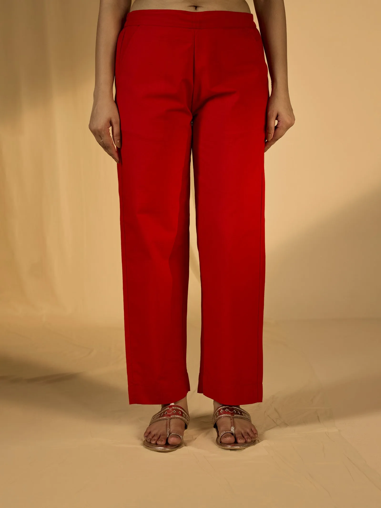 Plain Red Cotton Straight Pant