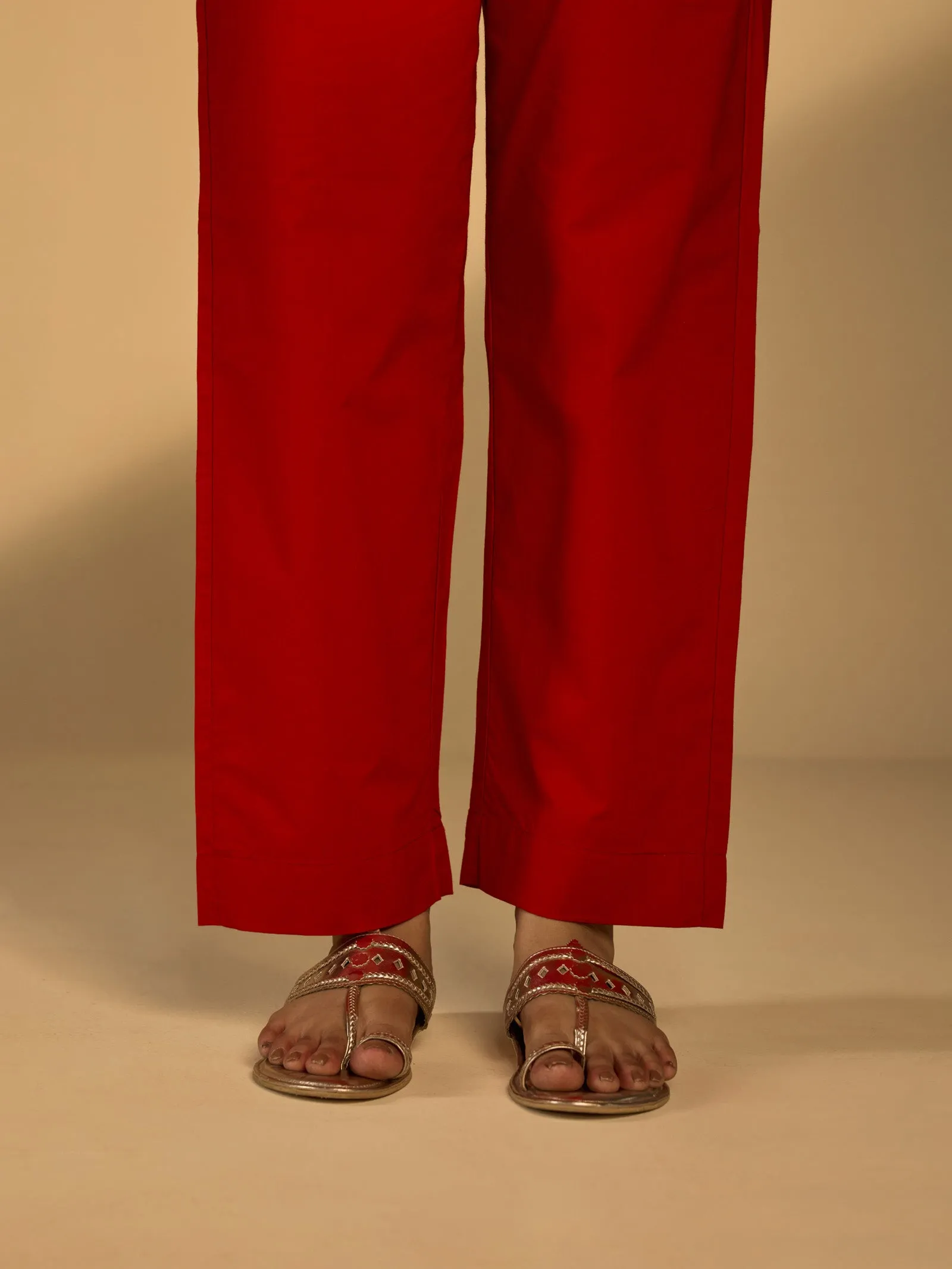 Plain Red Cotton Straight Pant