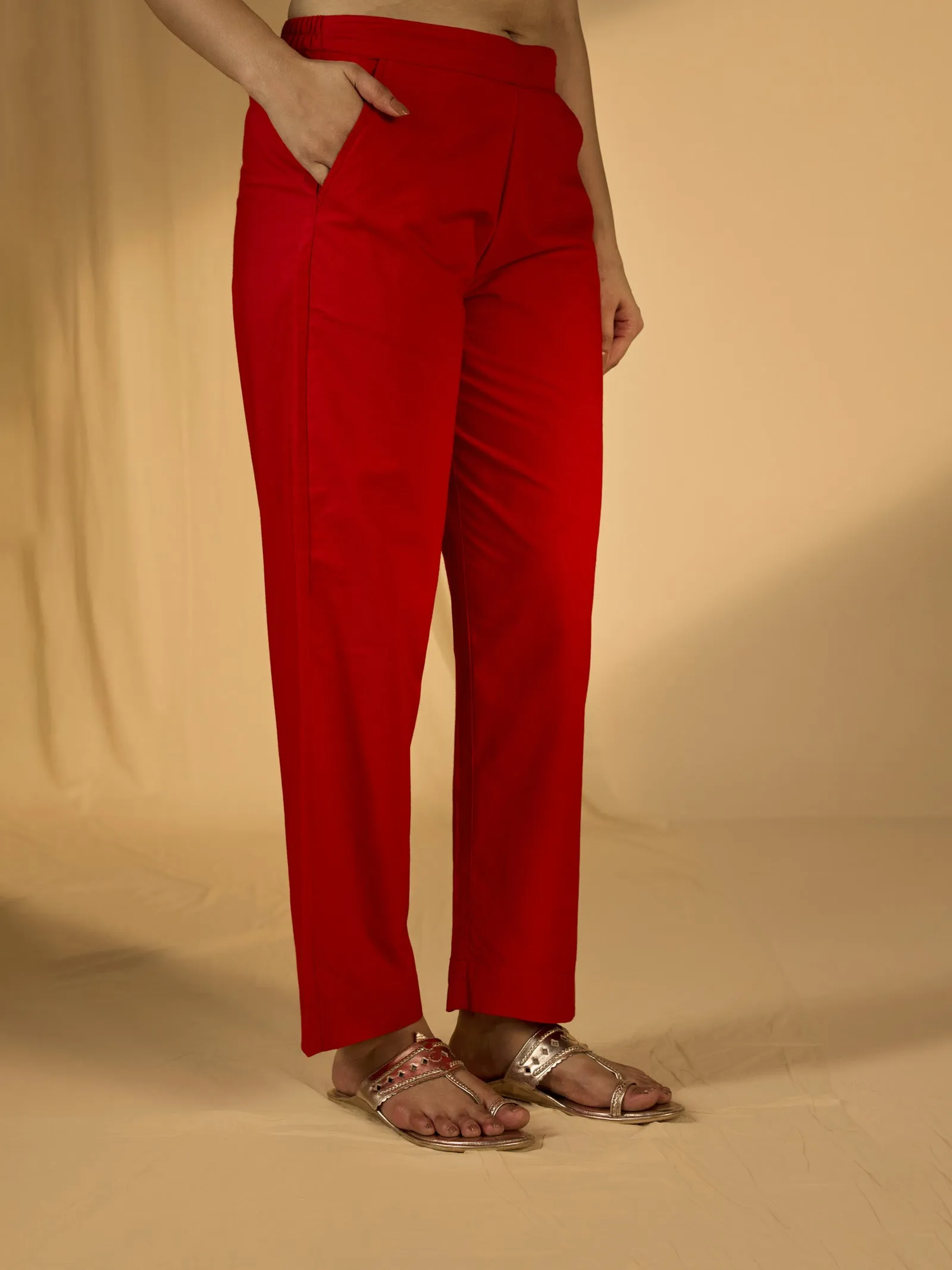 Plain Red Cotton Straight Pant