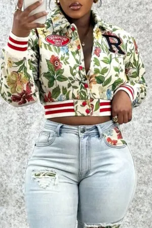 Retro Floral Print Collared Bomber Jacket