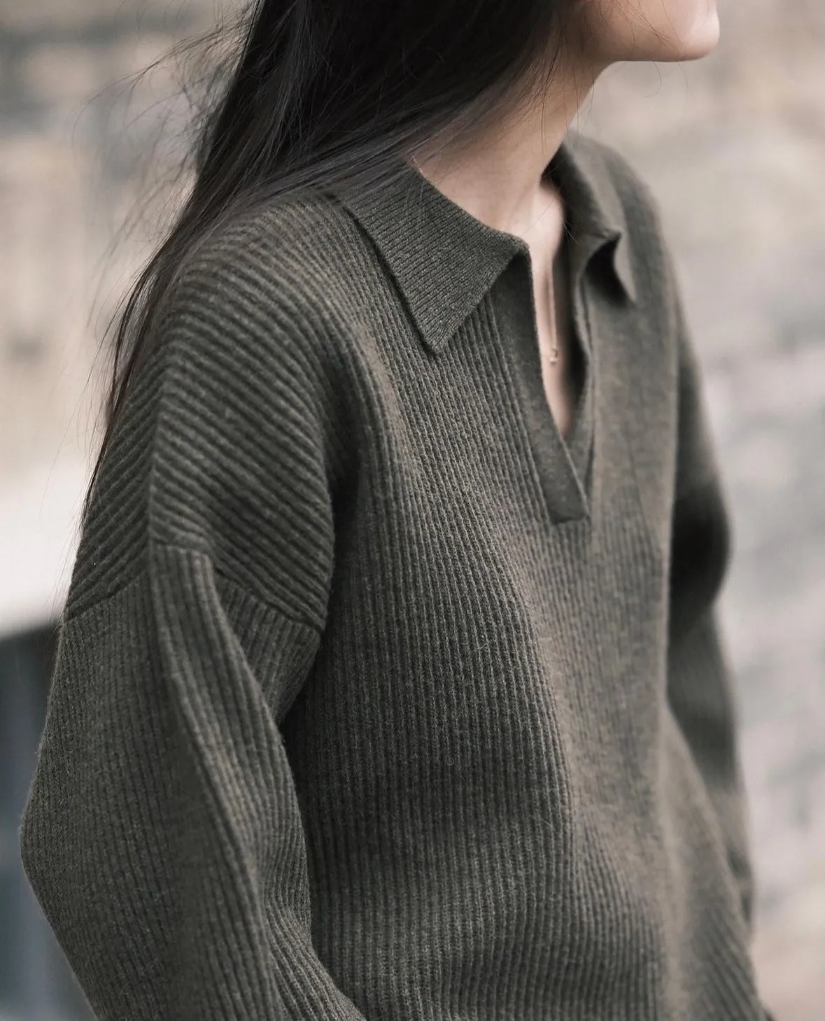 Ribbed Olive Collared V-Neck Jumper