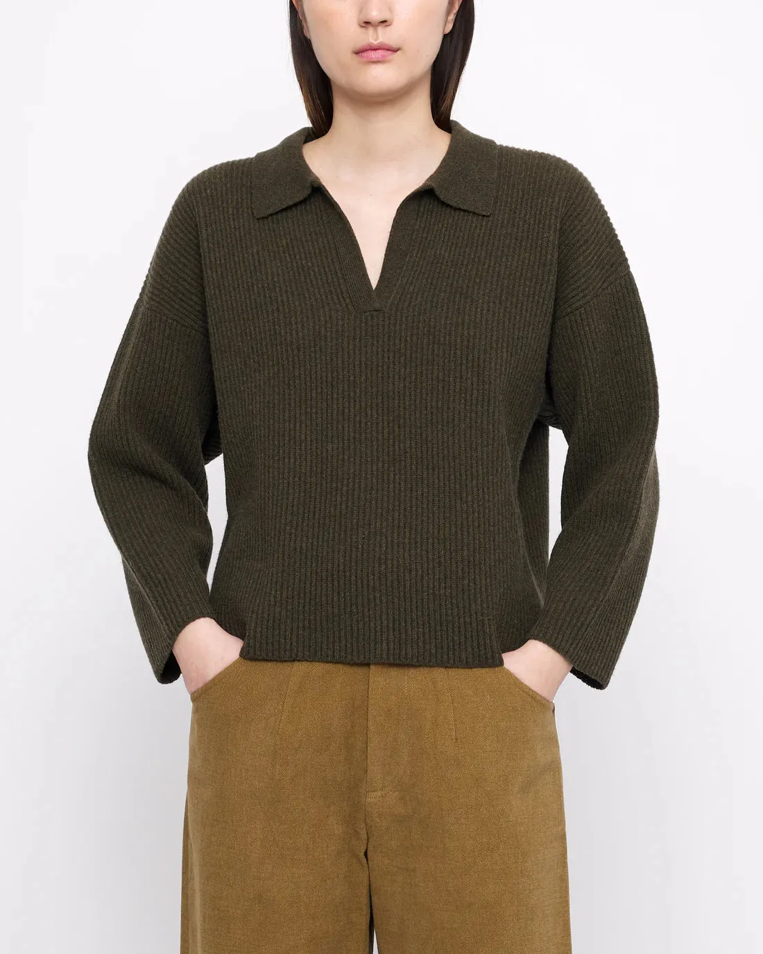 Ribbed Olive Collared V-Neck Jumper