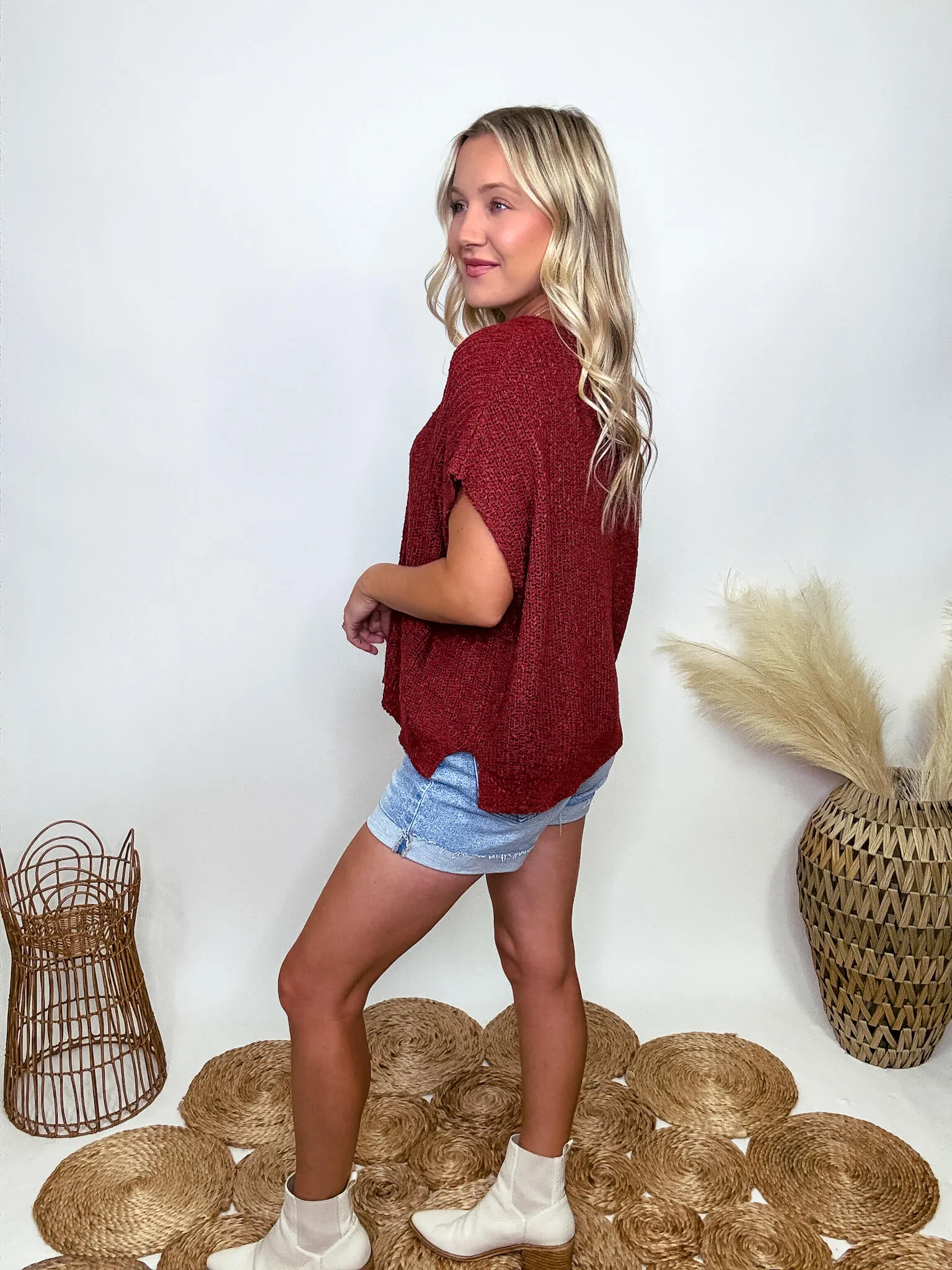 Rust Short Sleeve Split Neck Sweater