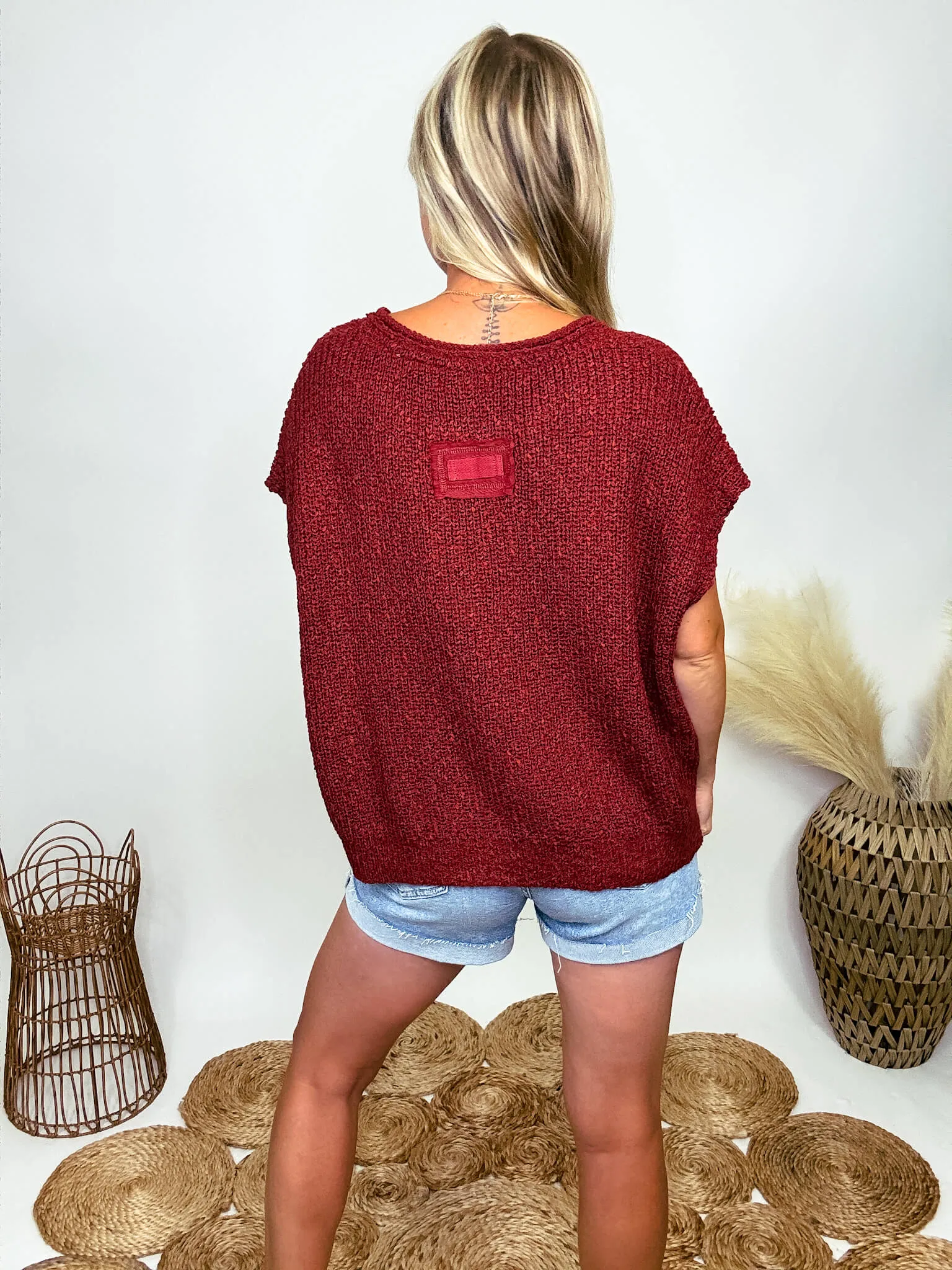 Rust Short Sleeve Split Neck Sweater