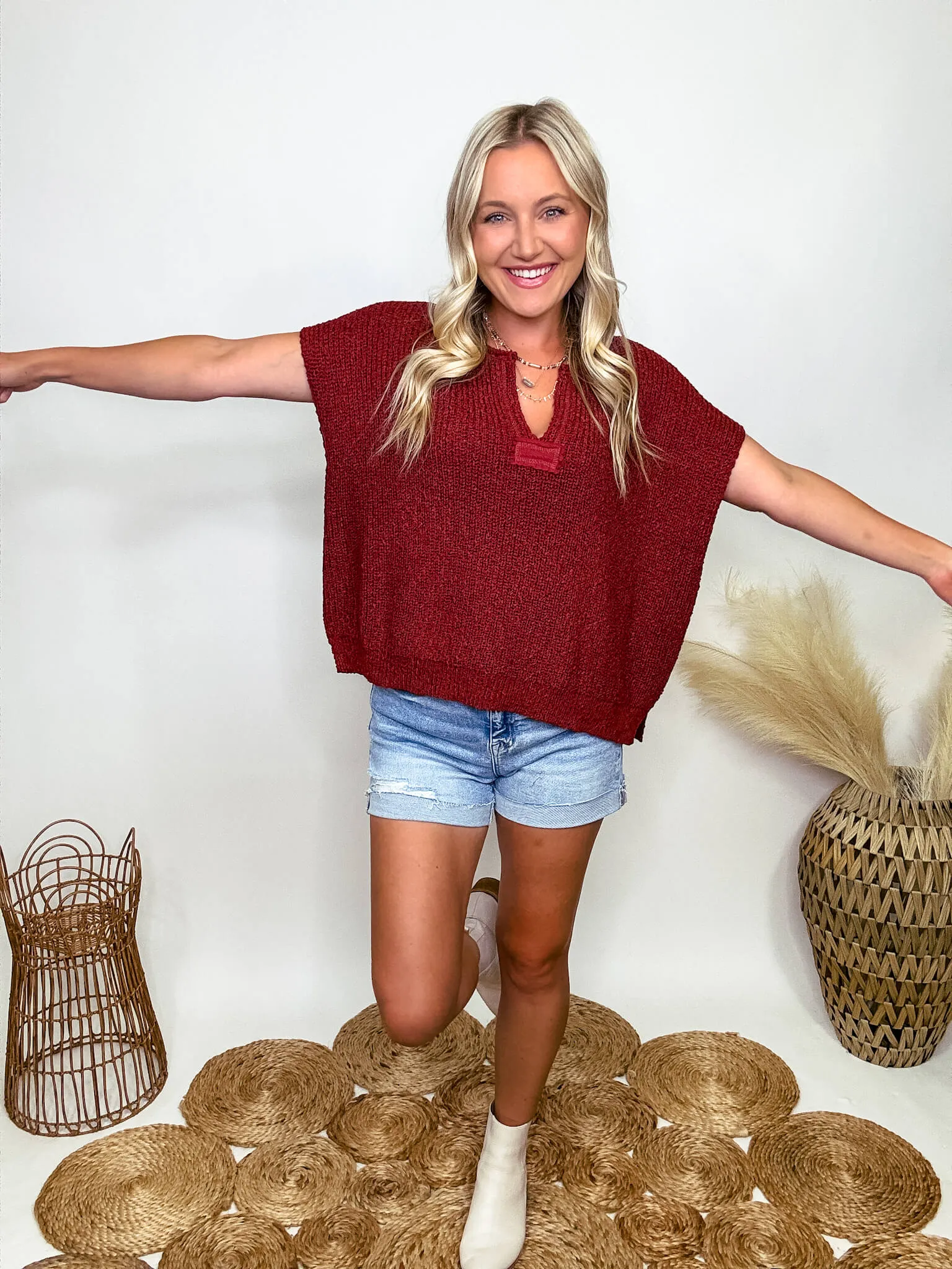 Rust Short Sleeve Split Neck Sweater