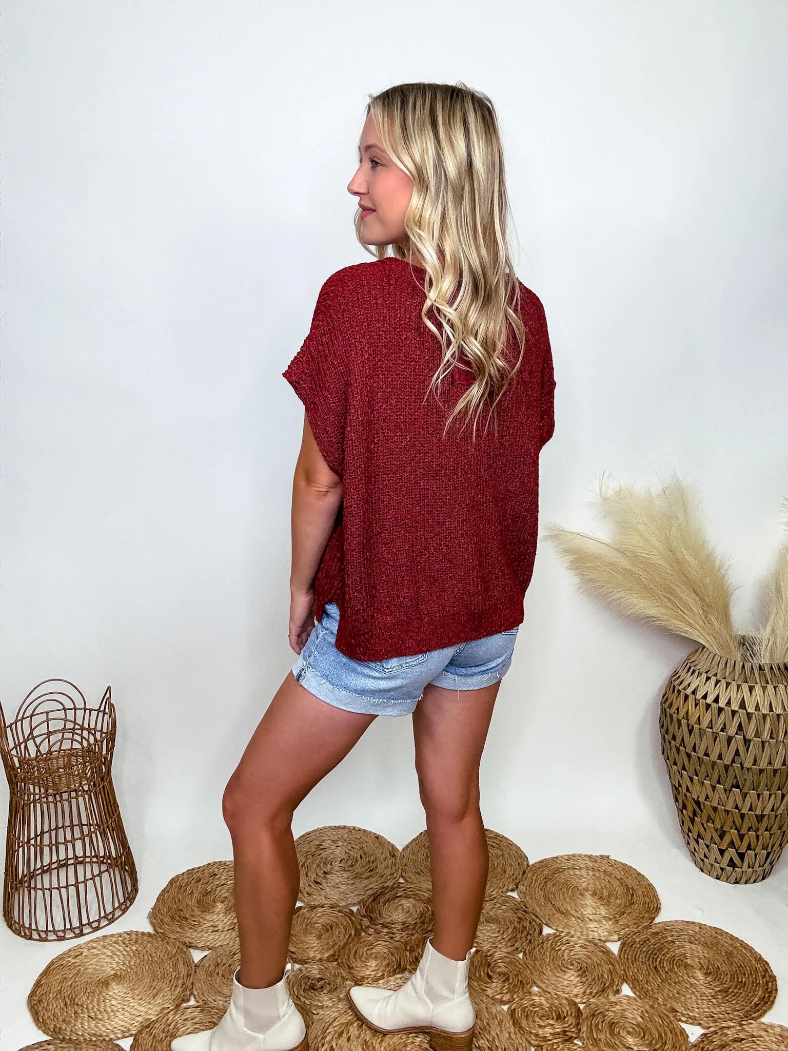 Rust Short Sleeve Split Neck Sweater