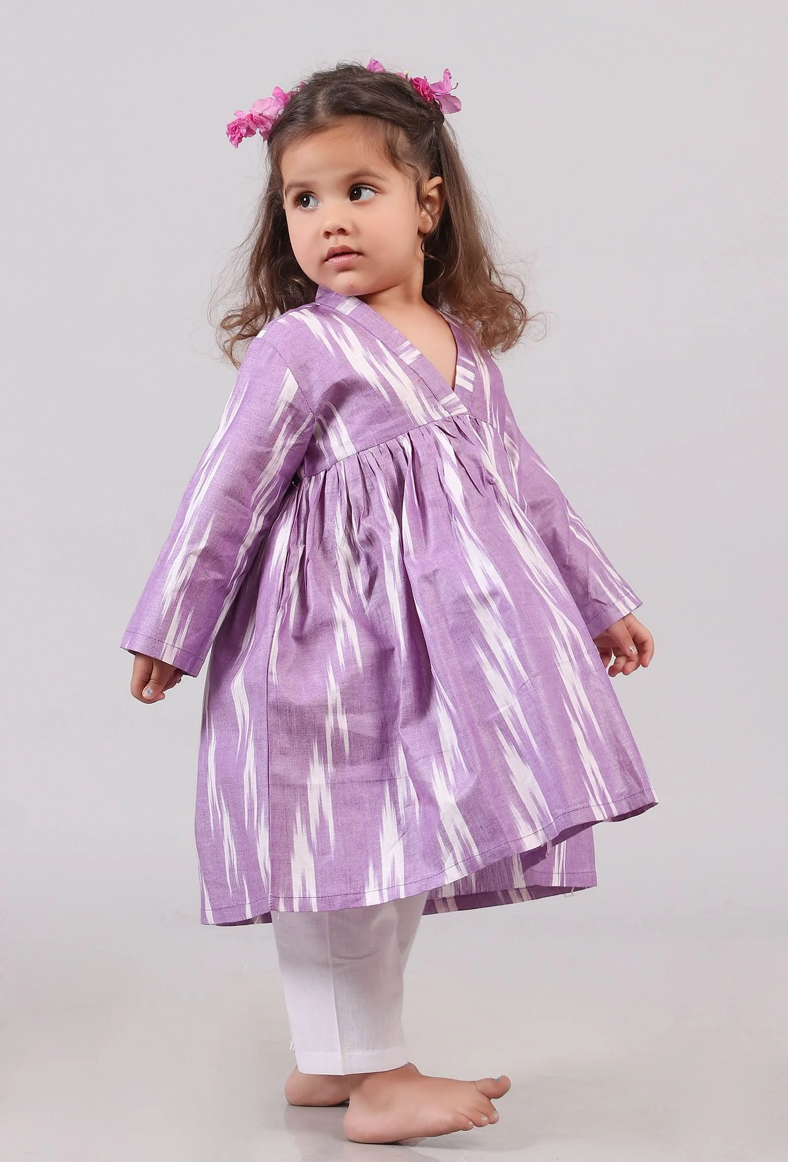 Set of 2: Lilac Ikat Gathered Kurta with Pants