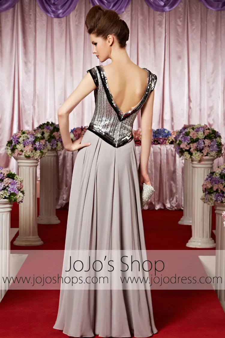 Silver V Neck V Back Chiffon Elegant Prom Formal Evening Dress CX830288