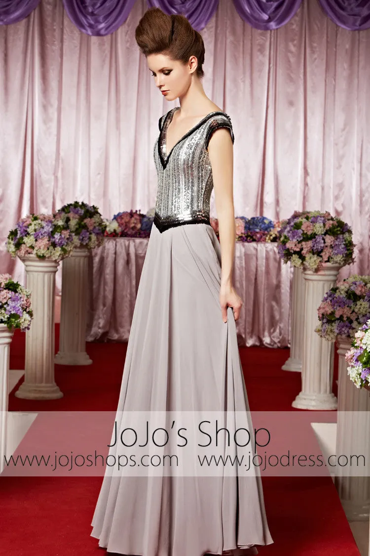 Silver V Neck V Back Chiffon Elegant Prom Formal Evening Dress CX830288