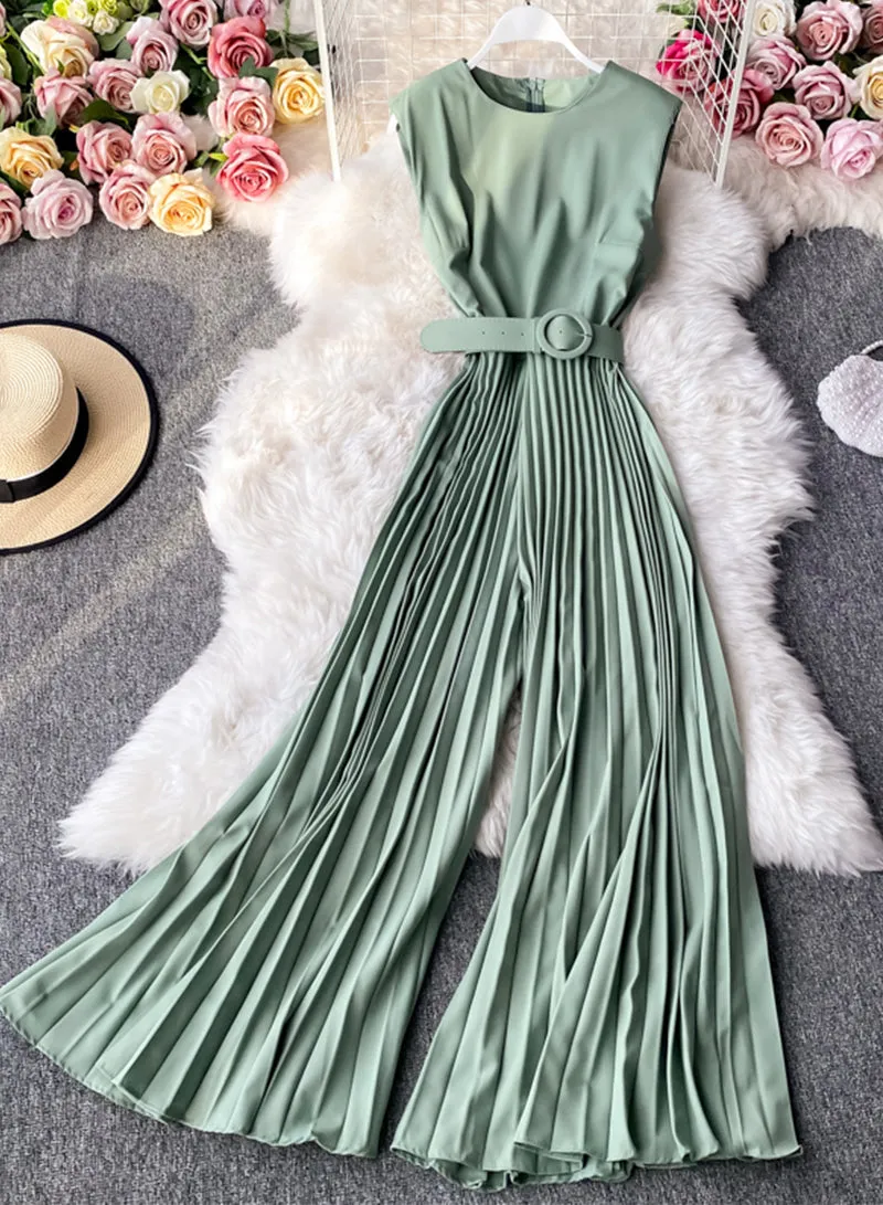 Stylish sleeveless jumpsuit slim fit pleated wide-leg trousers    S114