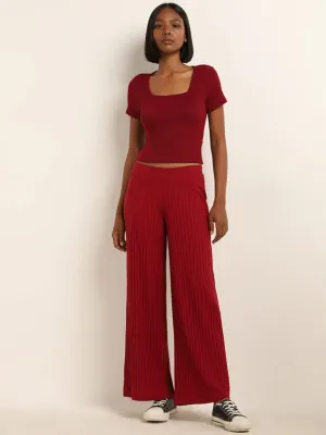 Superstar Maroon Cotton Blend Ribbed High-Rise Pants