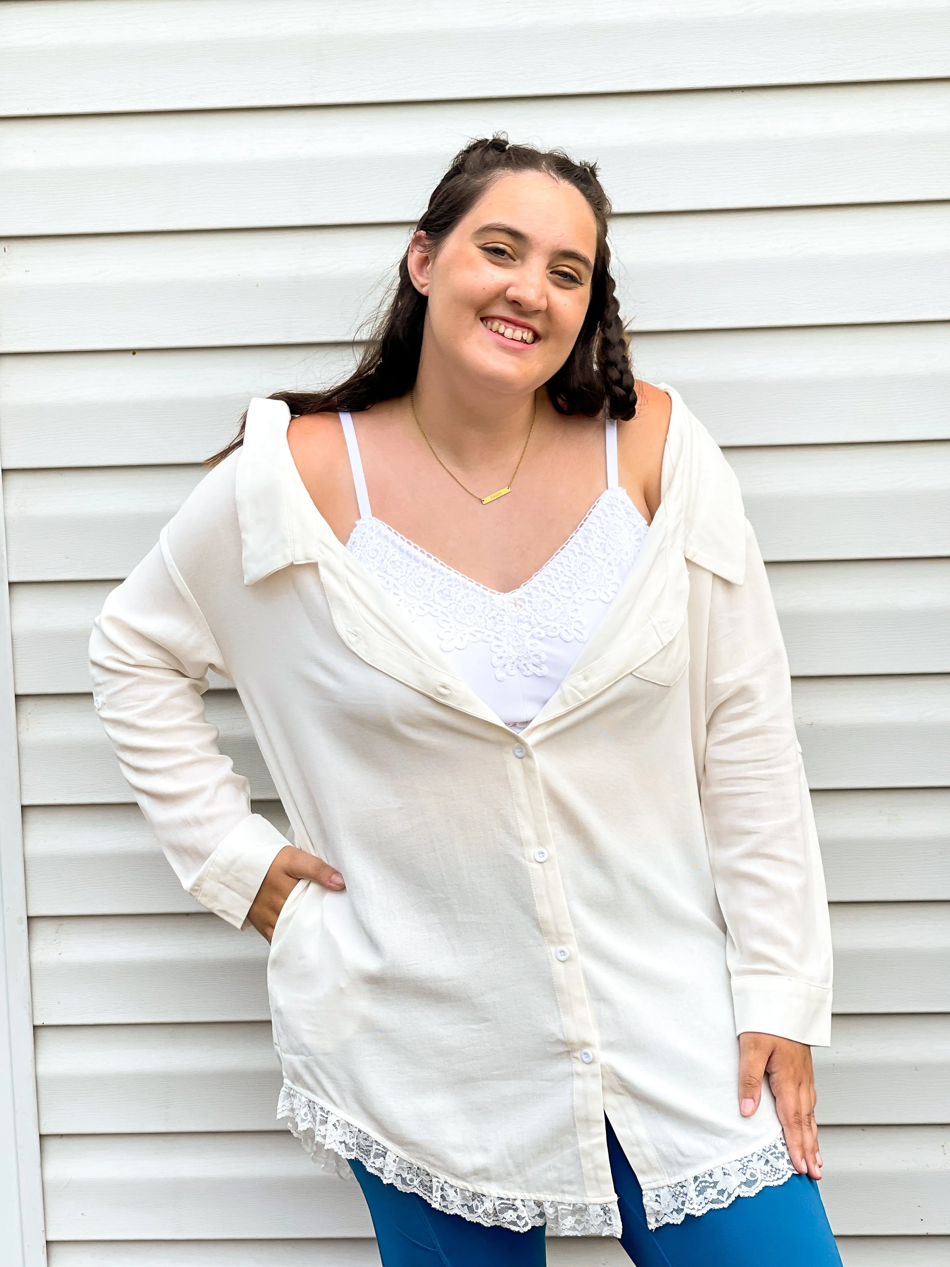 Surf Shop Lacy Off-the-Shoulder Button Down