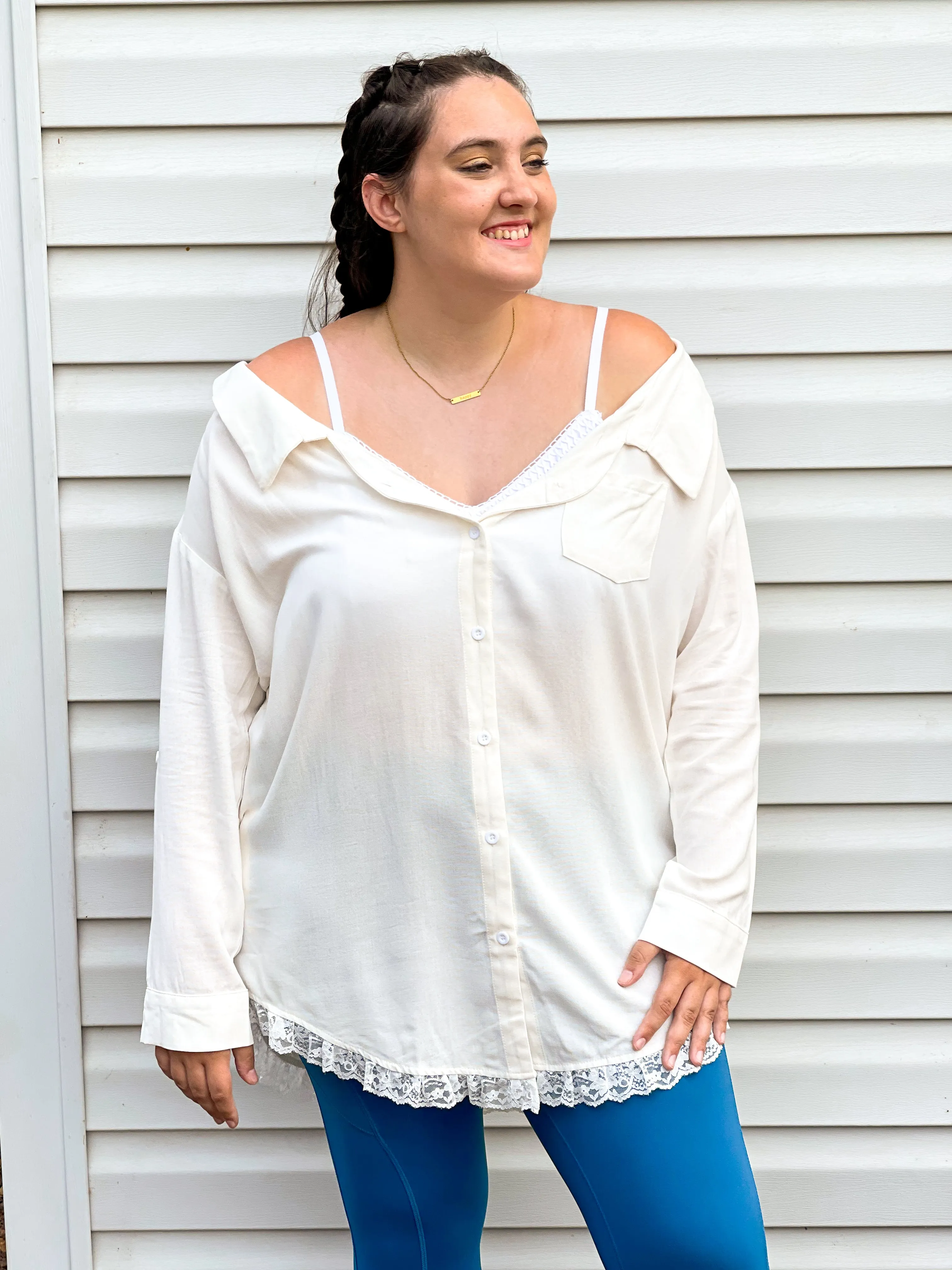 Surf Shop Lacy Off-the-Shoulder Button Down