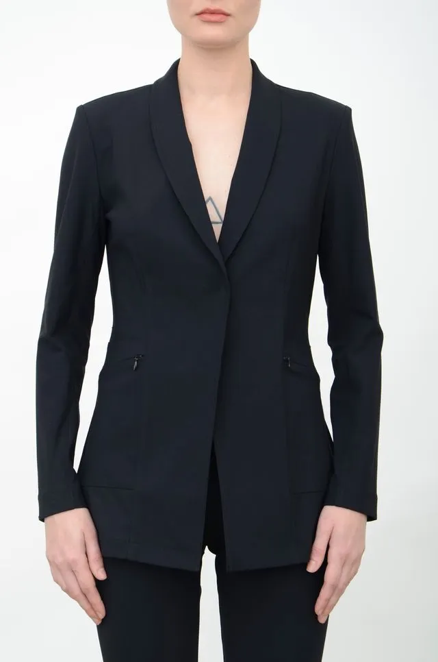 Tech Stretch Shawl Collar Blazer with Utility Pockets - VALBELLA CORE