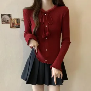 Wenkouban-Christmas Thanksgiving outfits_Red Christmas Solid Bow Drawstring Elegant Slim O-Neck Warm Christmas Sweater