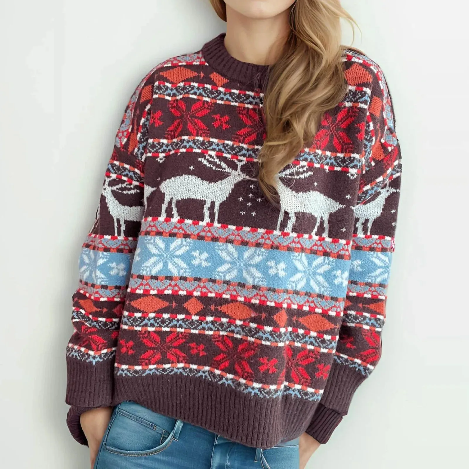 Wenkouban-Christmas Thanksgiving outfits_Soft Warm Oversized Deer Knitted Vintage Casual Christmas Christmas Sweater