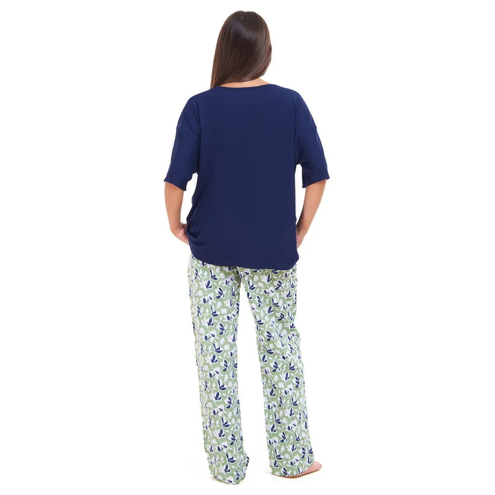 Women summer pajama set Navy Oversized top   Green x blue Flory pants