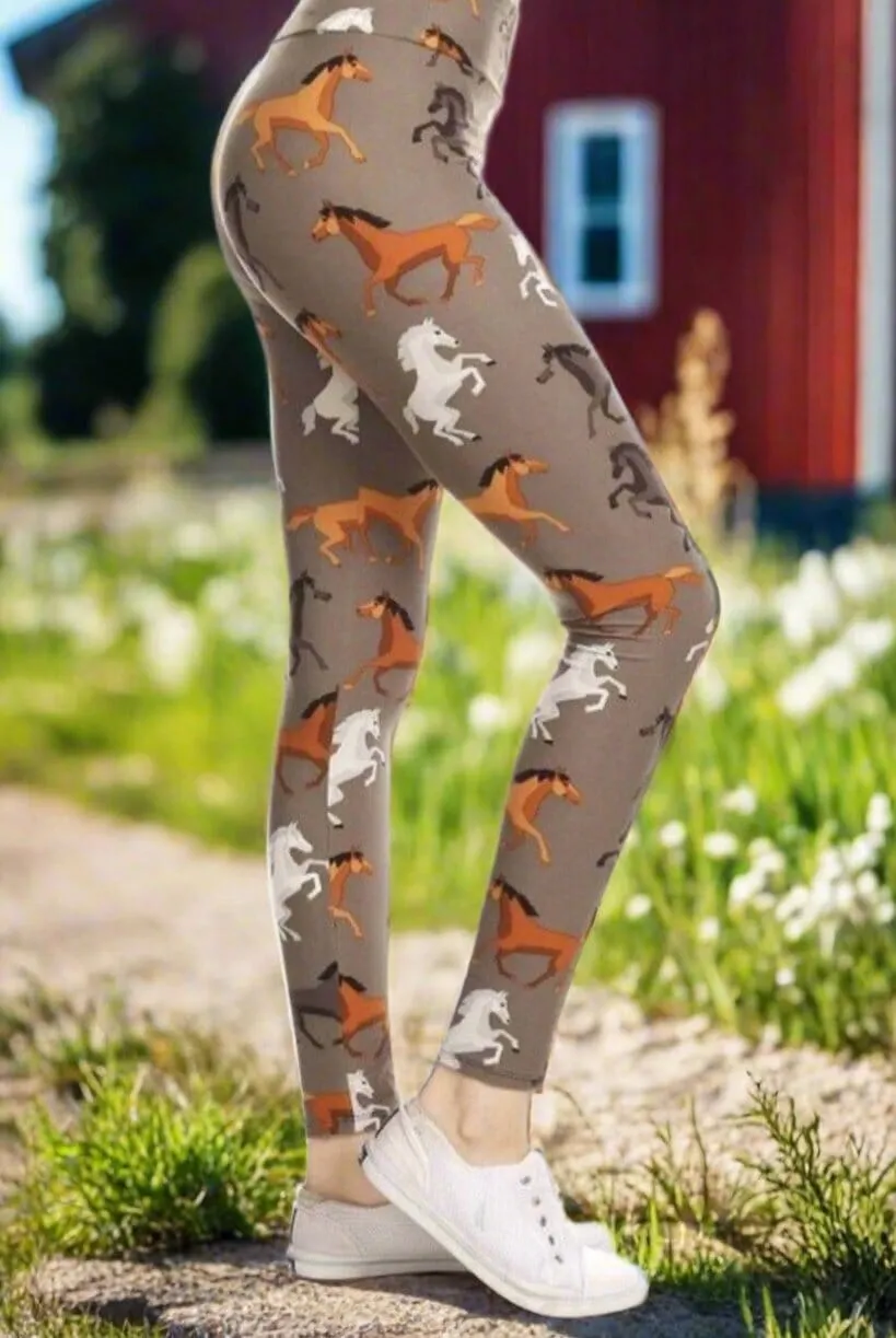 Womens Brown Horse Leggings, Soft Yoga Pants,  Sizes 0-20, Yoga Waist, Gray/Brown