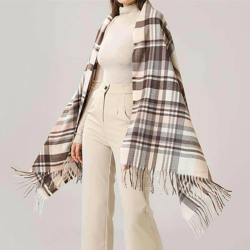 Women's Fall Winter Scarf Classic Tassel Plaid Scarf Warm Tartan Wrap