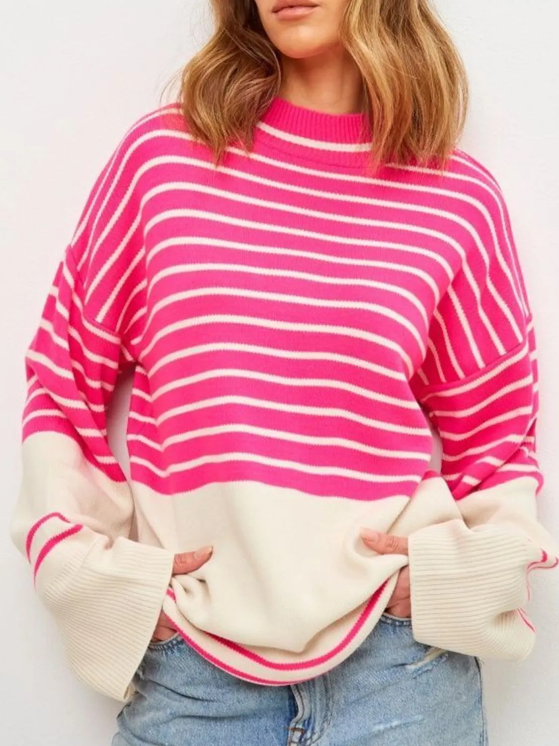 Women's Sweatshirt Warm Casual Striped Mock Neck Long Sleeve Sweater