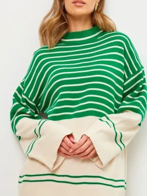 Women's Sweatshirt Warm Casual Striped Mock Neck Long Sleeve Sweater