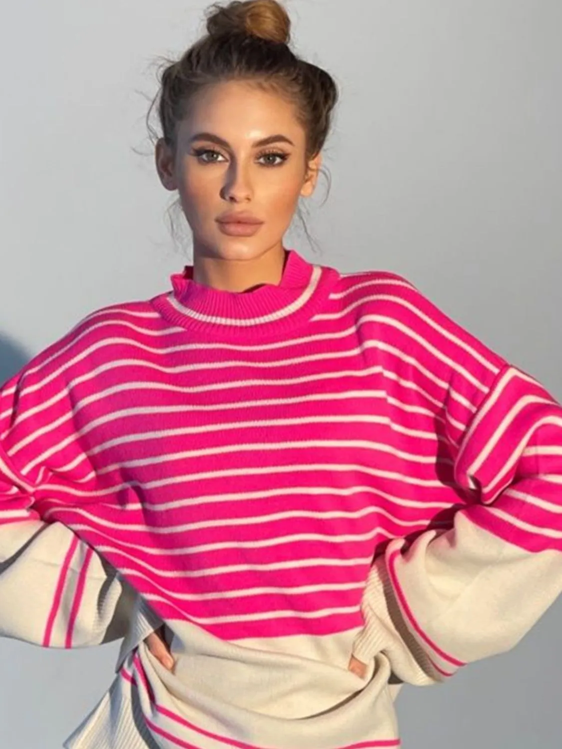 Women's Sweatshirt Warm Casual Striped Mock Neck Long Sleeve Sweater